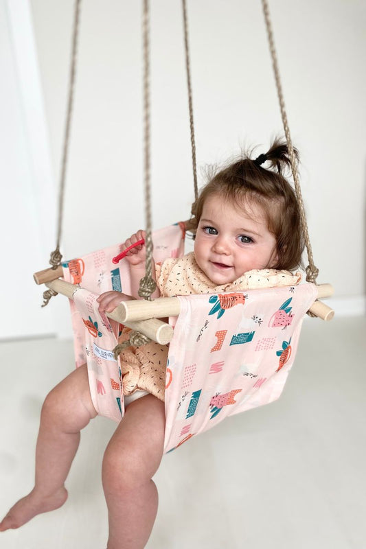 Indoor baby swing | pink cat print fabric