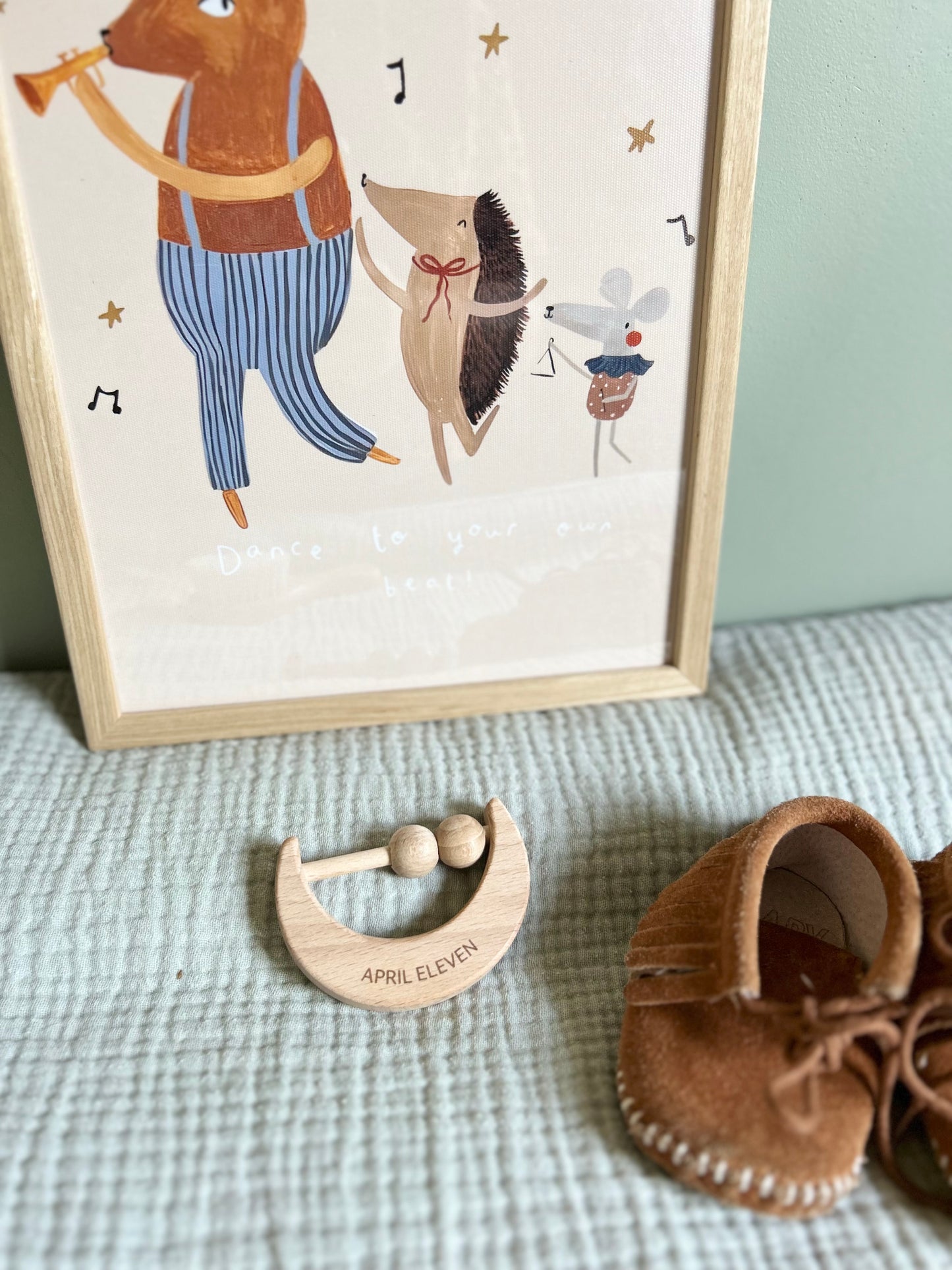 Wooden teething ring rattle
